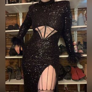 Insane Beaded Gothic Prom Corset Maxi Dress / Gown with Ostrich Feathers